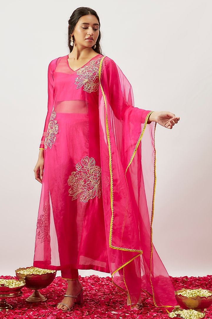 Pink Handwoven Chanderi Zari Dori Embroidered Kalidar Kurta Set by The Aarya at Pernia's Pop Up Shop