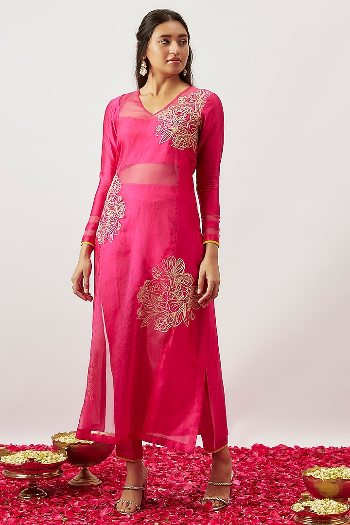 Pink Handwoven Chanderi Zari Dori Embroidered Kalidar Kurta Set by The Aarya at Pernia's Pop Up Shop