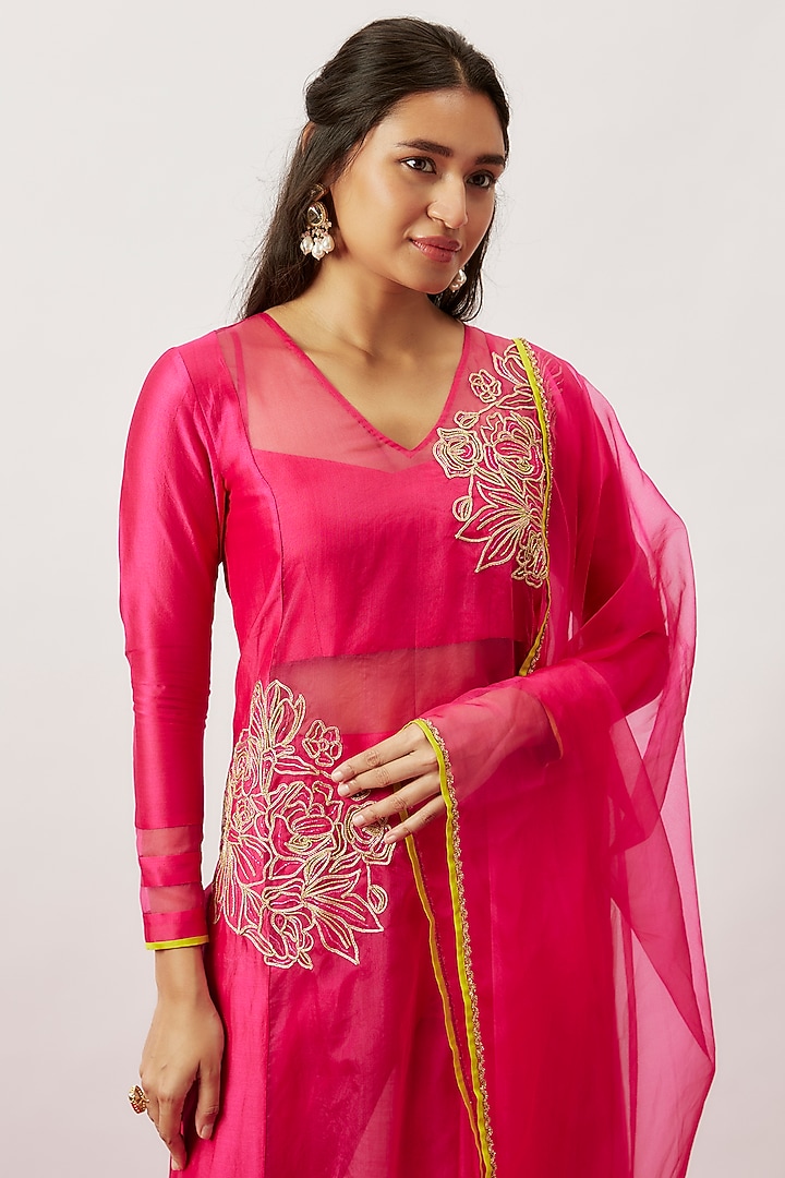 Pink Handwoven Chanderi Zari Dori Embroidered Kalidar Kurta Set by The Aarya at Pernia's Pop Up Shop