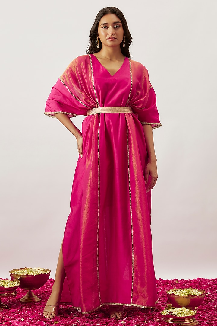 Pink Handwoven Chanderi & Zari Organza Embroidered Kaftan With Belt by The Aarya
