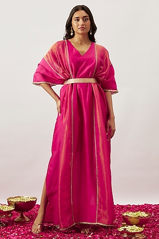 Pink Handwoven Chanderi & Zari Organza Embroidered Kaftan With Belt by The Aarya