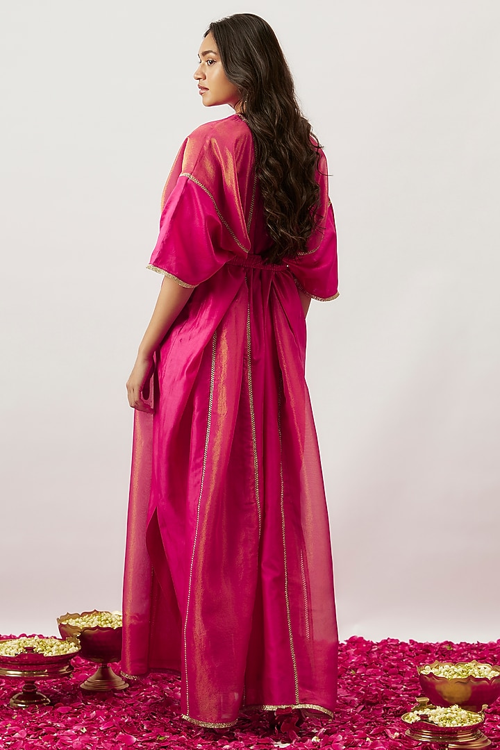Pink Handwoven Chanderi & Zari Organza Embroidered Kaftan With Belt by The Aarya at Pernia's Pop Up Shop