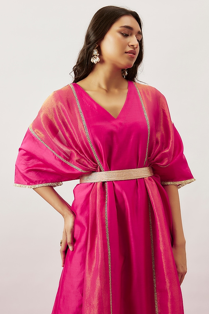 Pink Handwoven Chanderi & Zari Organza Embroidered Kaftan With Belt by The Aarya at Pernia's Pop Up Shop