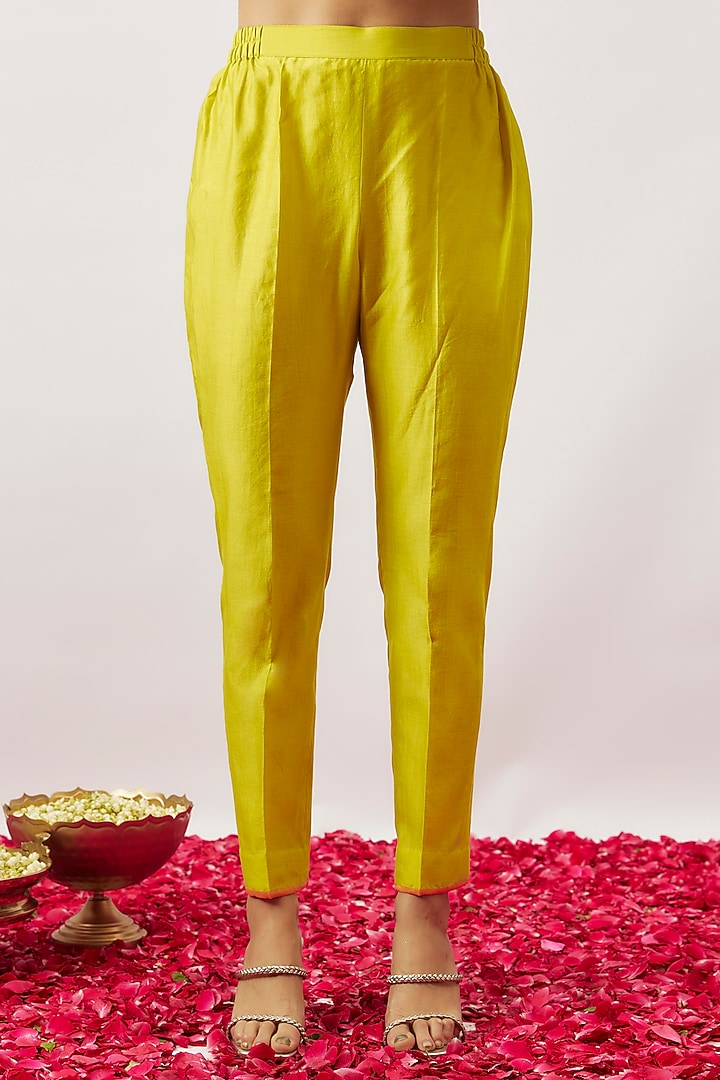 Lime Green Handwoven Chanderi Zari Dori Embroidered Kurta Set by The Aarya at Pernia's Pop Up Shop