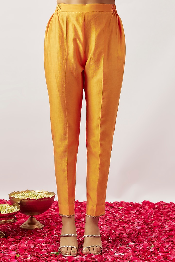 Light Orange Handwoven Chanderi Zari Dori Embroidered Kurta Set by The Aarya at Pernia's Pop Up Shop