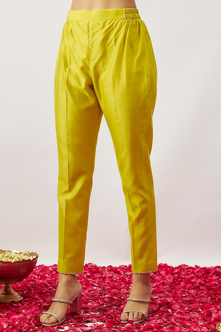 Lime Green Handwoven Chanderi & Zari Organza Embroidered Kurta Set by The Aarya at Pernia's Pop Up Shop