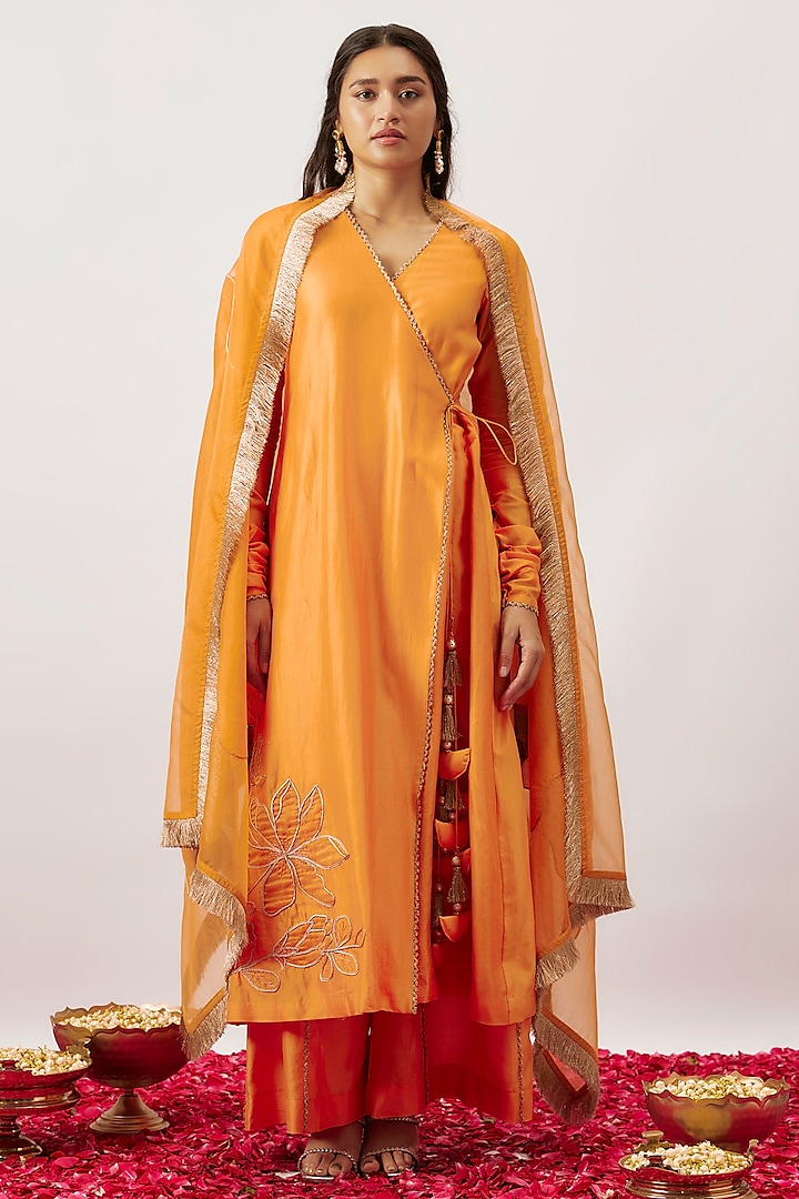 Orange Handwoven Chanderi Zari Dori Embroidered Angrakha Kurta Set by The Aarya
