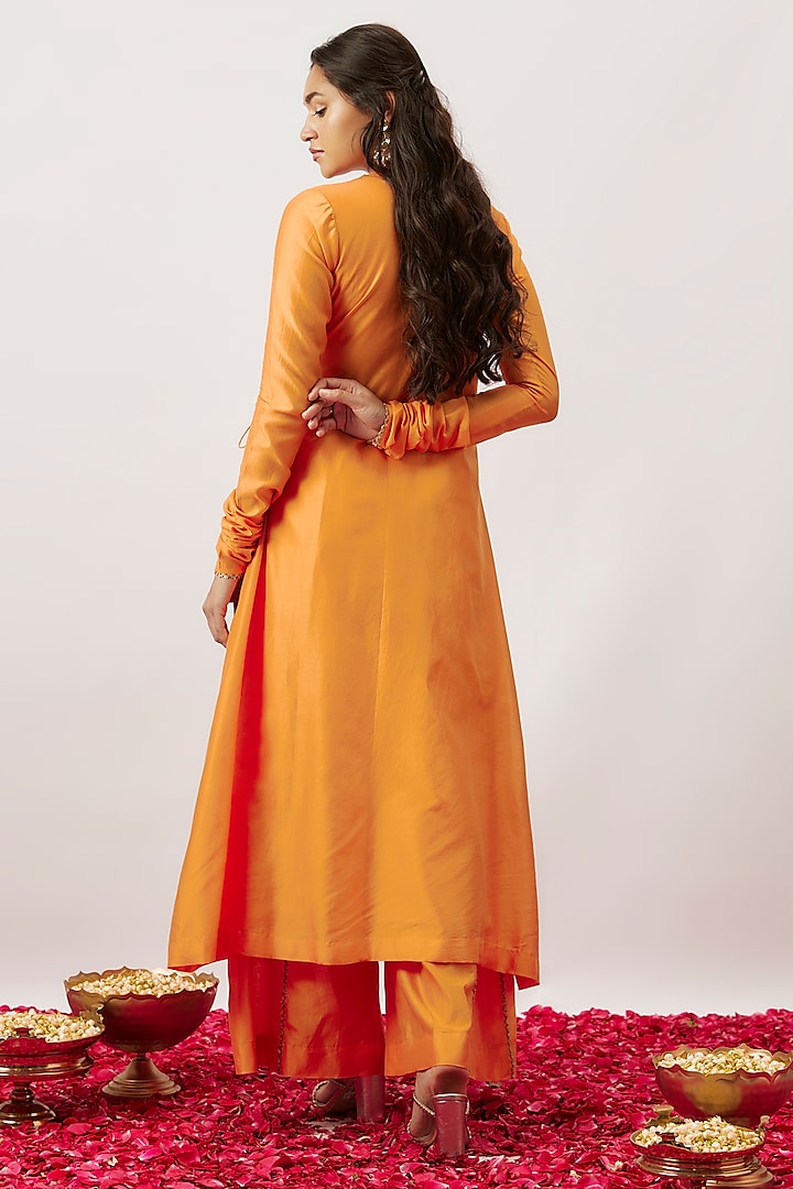 Orange Handwoven Chanderi Zari Dori Embroidered Angrakha Kurta Set by The Aarya at Pernia's Pop Up Shop