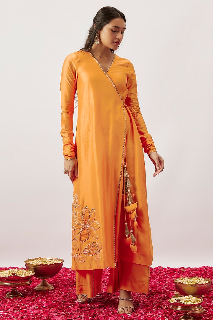Orange Handwoven Chanderi Zari Dori Embroidered Angrakha Kurta Set by The Aarya at Pernia's Pop Up Shop