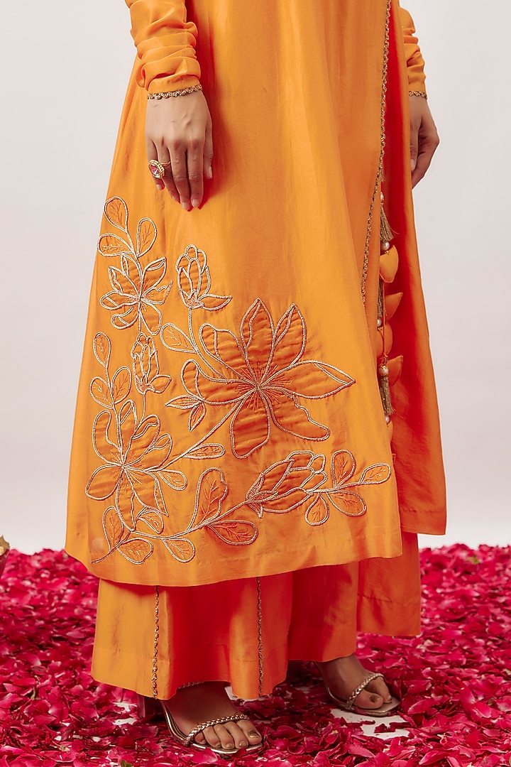 Orange Handwoven Chanderi Zari Dori Embroidered Angrakha Kurta Set by The Aarya at Pernia's Pop Up Shop