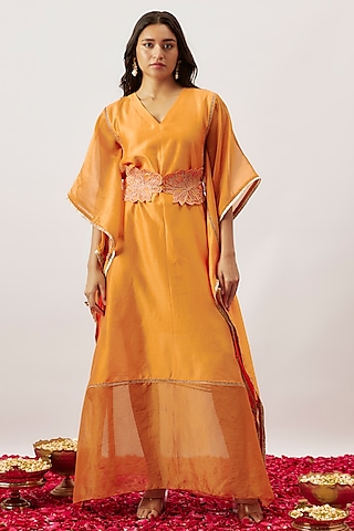 Orange Handwoven Chanderi Butterfly Kaftan With Belt by The Aarya