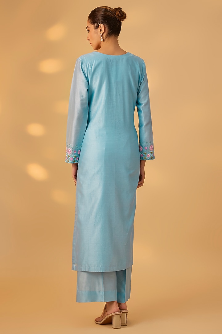 Blue Handwoven Chanderi Floral Embroidered Kurta Set by The Aarya at Pernia's Pop Up Shop