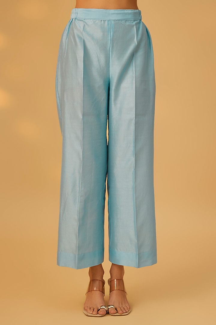 Blue Handwoven Chanderi Floral Embroidered Kurta Set by The Aarya at Pernia's Pop Up Shop
