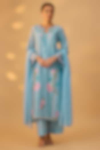Powder Blue Handwoven Chanderi Floral Motifs Embroidered Kurta Set by The Aarya at Pernia's Pop Up Shop