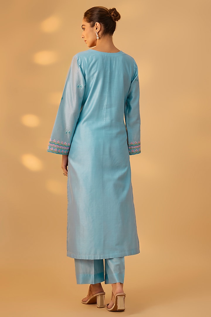 Powder Blue Handwoven Chanderi Floral Motifs Embroidered Kurta Set by The Aarya at Pernia's Pop Up Shop