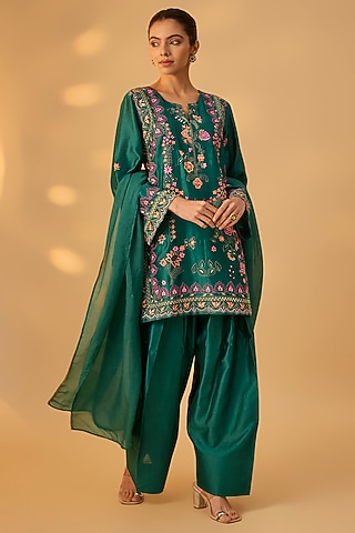 Emerald Green Handwoven Chanderi Floral Embroidered Kurta Set by The Aarya