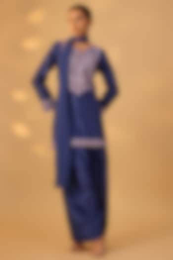 Deep Blue Handwoven Chanderi Embroidered Kurta Set by The Aarya at Pernia's Pop Up Shop