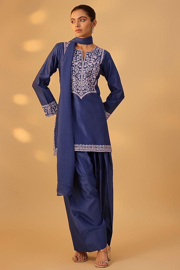 Deep Blue Handwoven Chanderi Embroidered Kurta Set by The Aarya at Pernia's Pop Up Shop