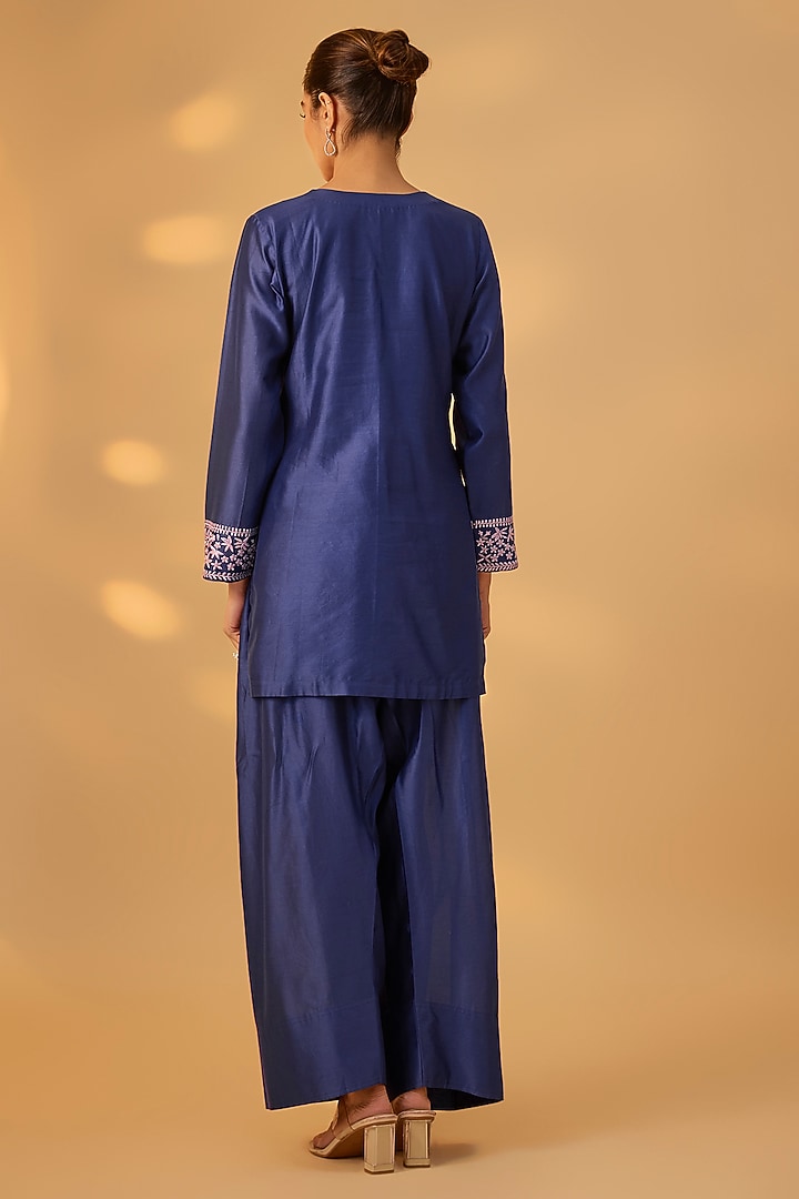 Deep Blue Handwoven Chanderi Embroidered Kurta Set by The Aarya at Pernia's Pop Up Shop