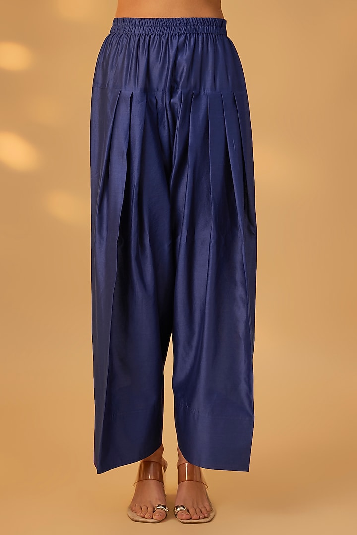 Deep Blue Handwoven Chanderi Embroidered Kurta Set by The Aarya at Pernia's Pop Up Shop