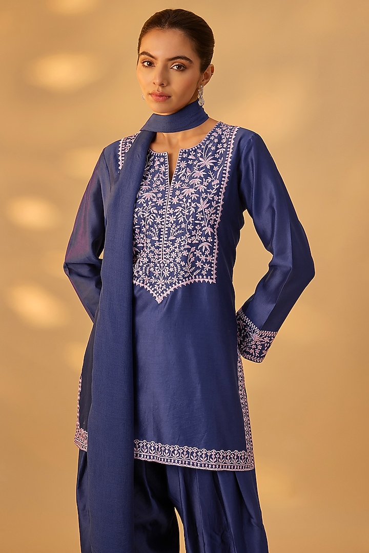 Deep Blue Handwoven Chanderi Embroidered Kurta Set by The Aarya at Pernia's Pop Up Shop