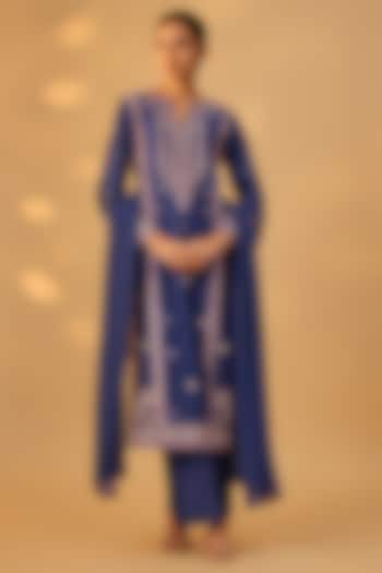 Deep Blue Handwoven Chanderi Embroidered Kurta Set by The Aarya at Pernia's Pop Up Shop