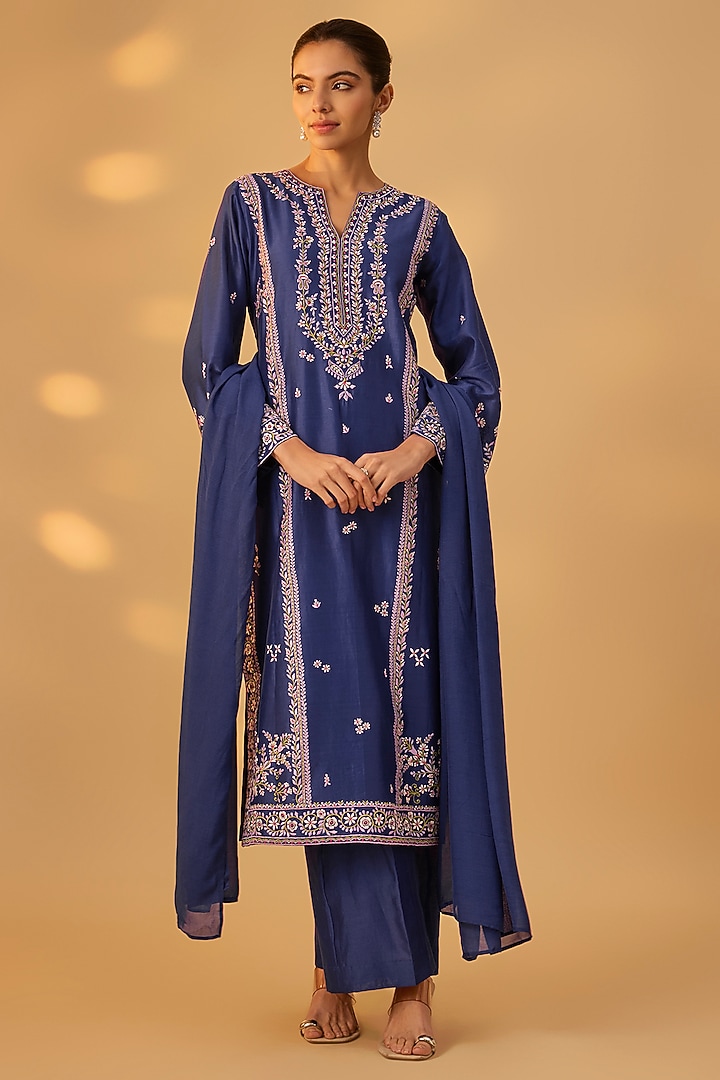 Deep Blue Handwoven Chanderi Embroidered Kurta Set by The Aarya at Pernia's Pop Up Shop