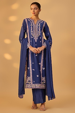 Deep Blue Handwoven Chanderi Embroidered Kurta Set by The Aarya