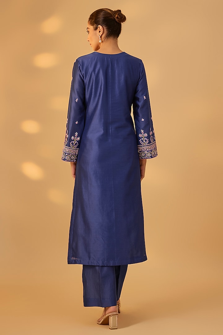 Deep Blue Handwoven Chanderi Embroidered Kurta Set by The Aarya at Pernia's Pop Up Shop