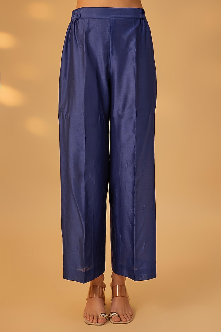 Deep Blue Handwoven Chanderi Embroidered Kurta Set by The Aarya at Pernia's Pop Up Shop