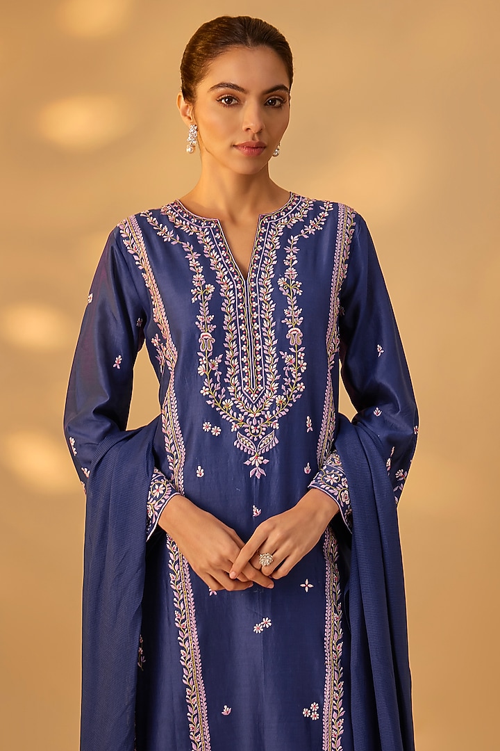 Deep Blue Handwoven Chanderi Embroidered Kurta Set by The Aarya at Pernia's Pop Up Shop