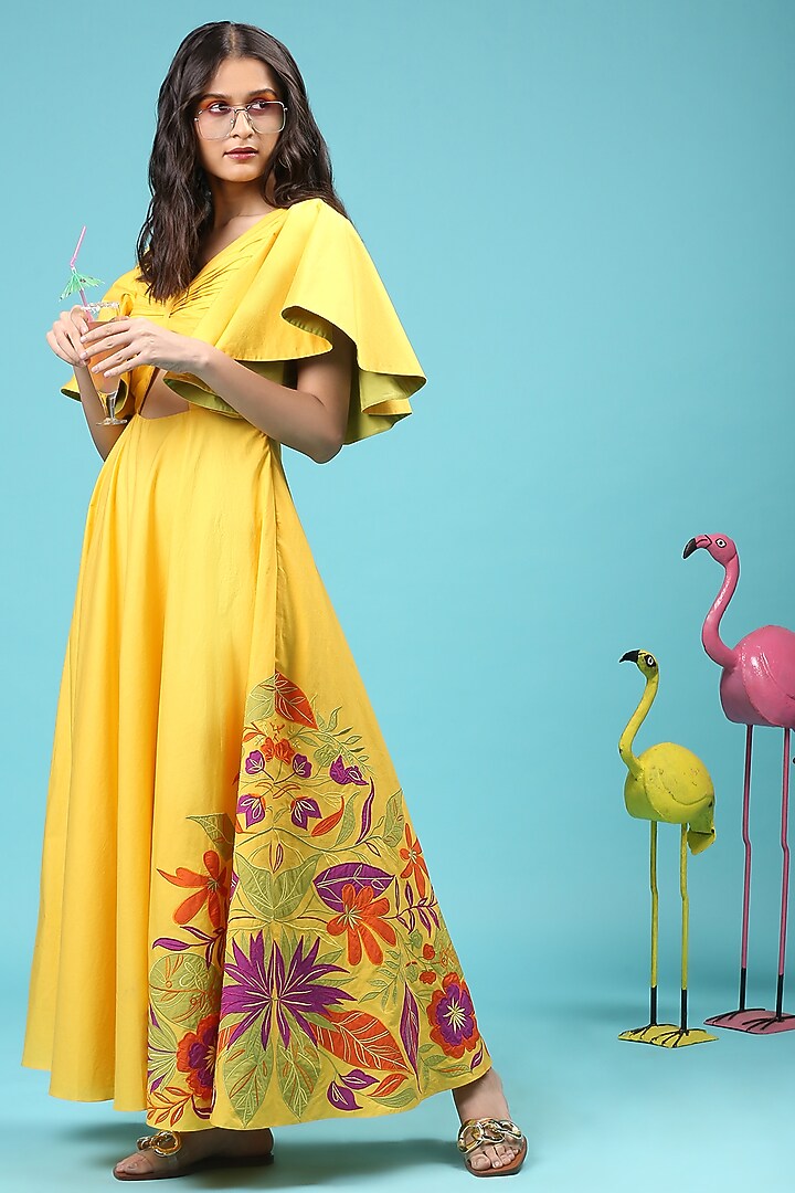 Yellow Applique Embellished Gown by The Aarya at Pernia's Pop Up Shop