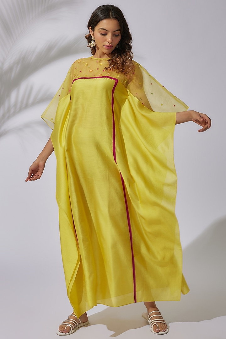 Yellow Pure Chanderi Embroidered Kaftan by The Aarya