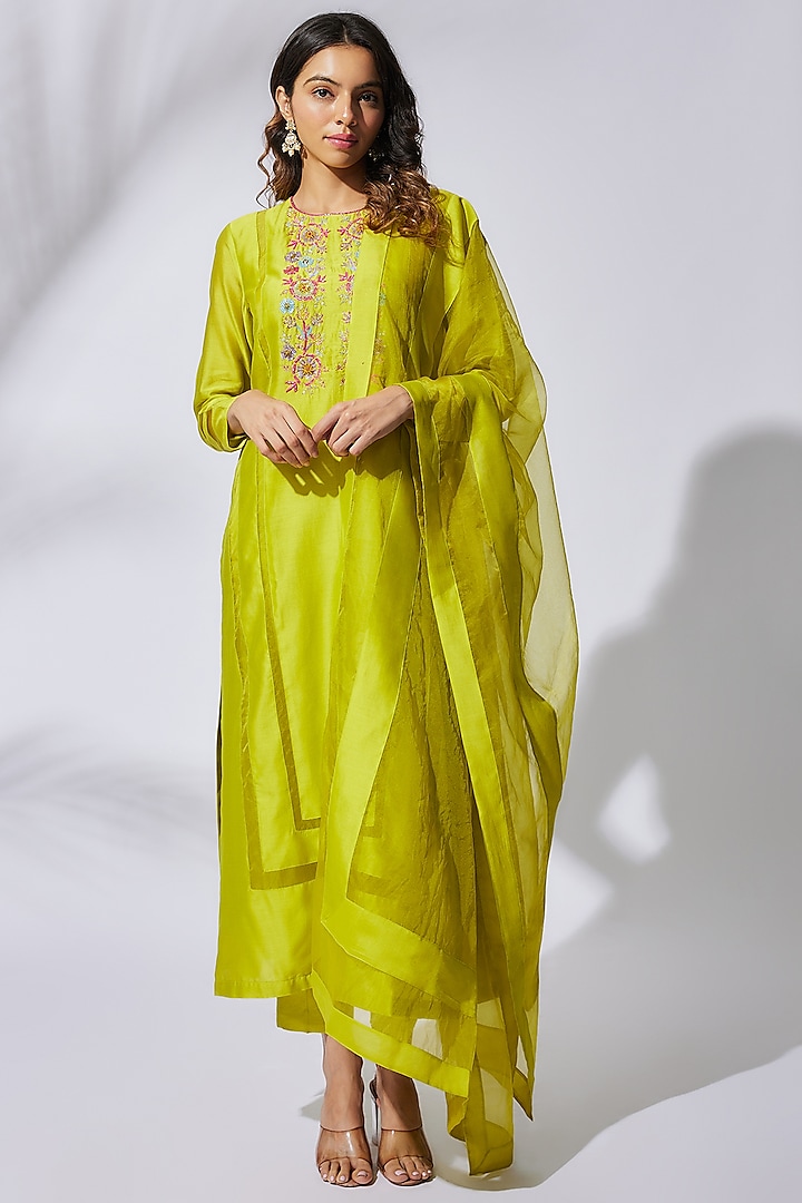 Lime Green Pure Chanderi Hand Embroidered Kurta Set by The Aarya
