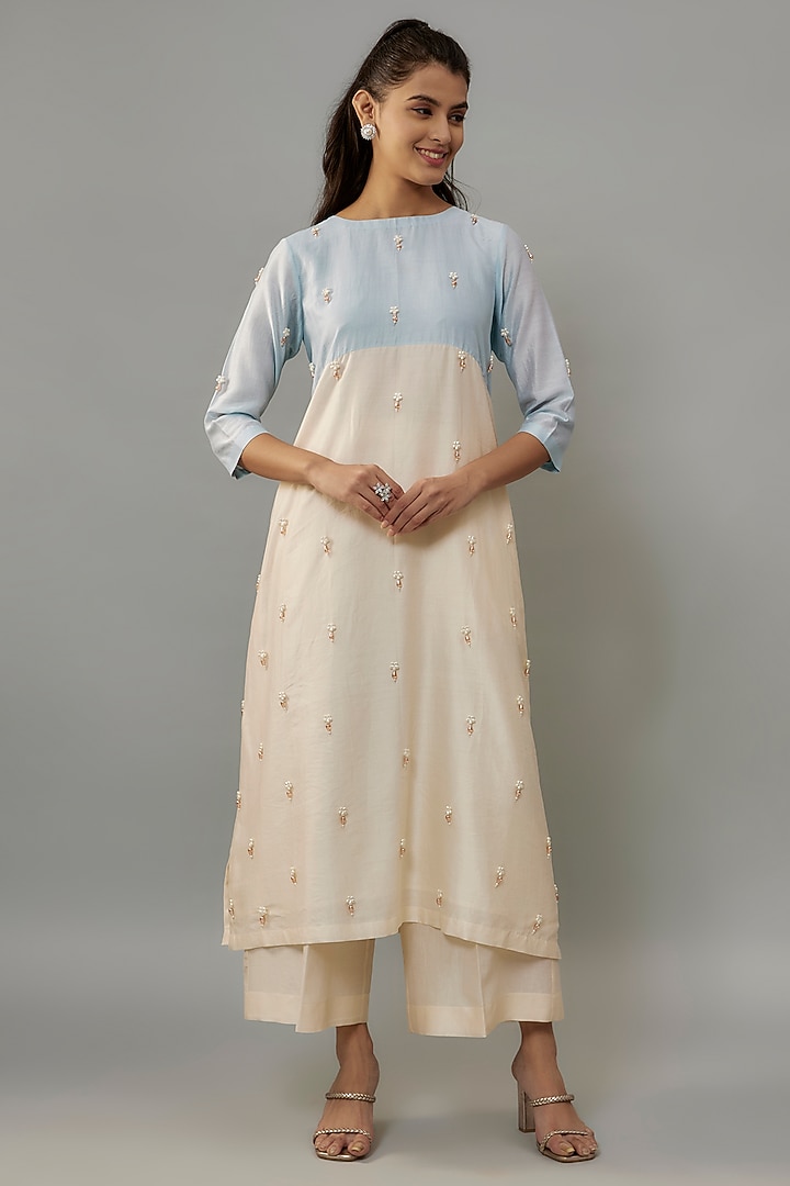 Ivory & Powder Blue Handwoven Pearl Embroidered Kurta Set by The Aarya at Pernia's Pop Up Shop