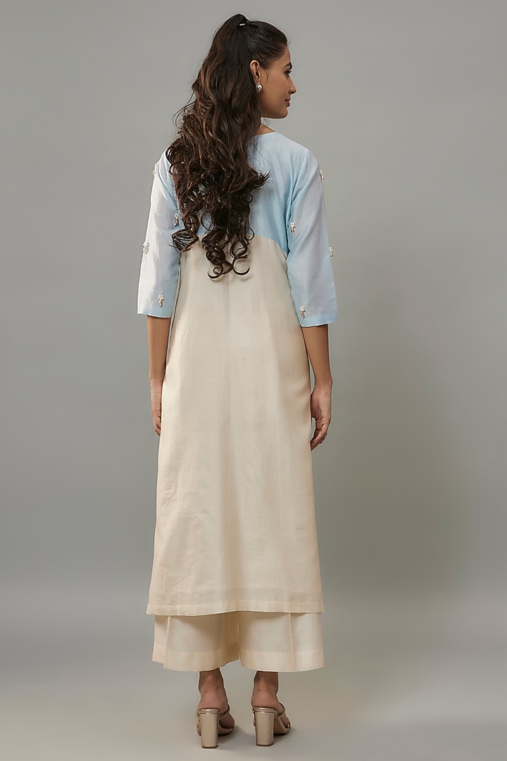 Ivory & Powder Blue Handwoven Pearl Embroidered Kurta Set by The Aarya at Pernia's Pop Up Shop