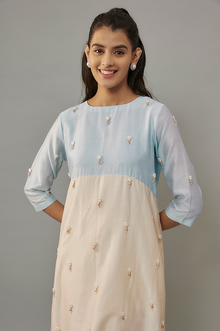 Ivory & Powder Blue Handwoven Pearl Embroidered Kurta Set by The Aarya at Pernia's Pop Up Shop