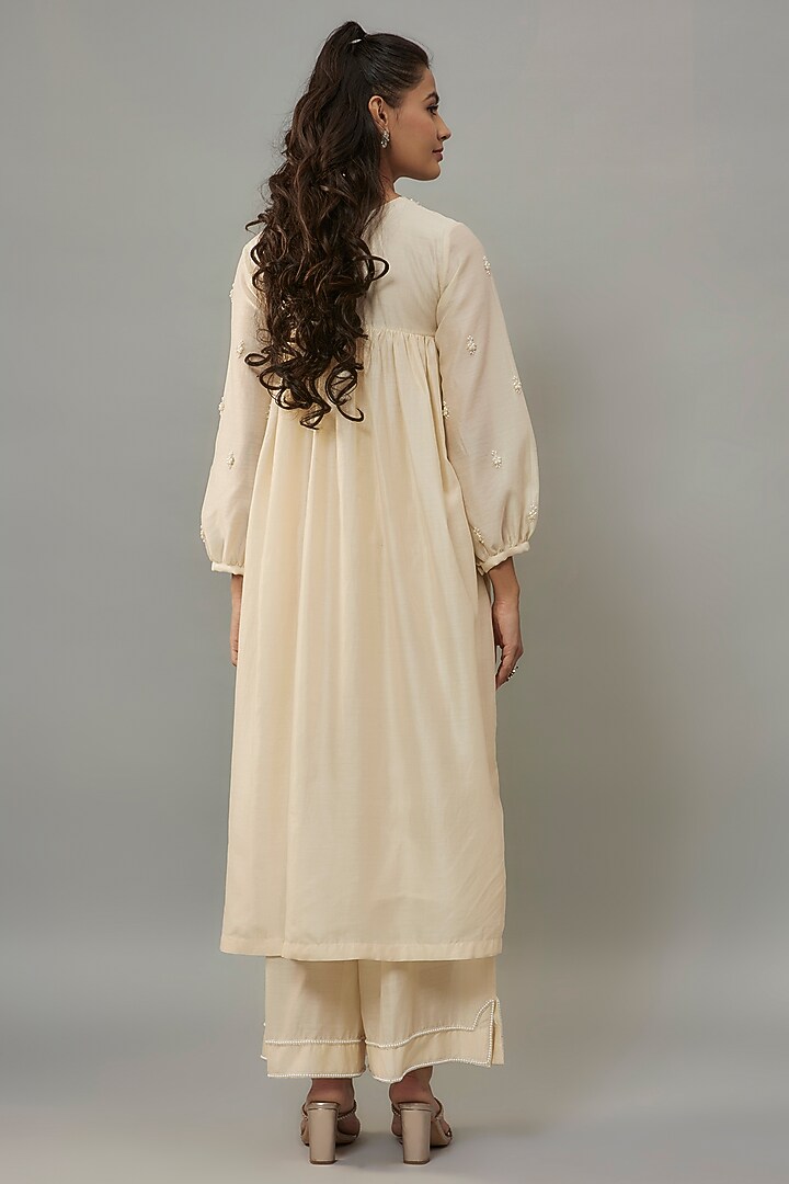 Ivory Handwoven Chanderi Pearl Embroidered Kurta Set by The Aarya at Pernia's Pop Up Shop