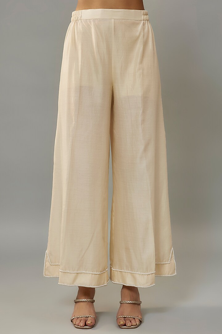 Ivory Handwoven Chanderi Pearl Embroidered Kurta Set by The Aarya at Pernia's Pop Up Shop