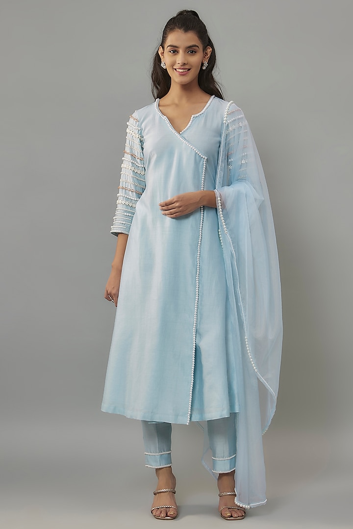 Powder Blue Handwoven Chanderi Pearl Embroidered Angrakha Kurta Set by The Aarya