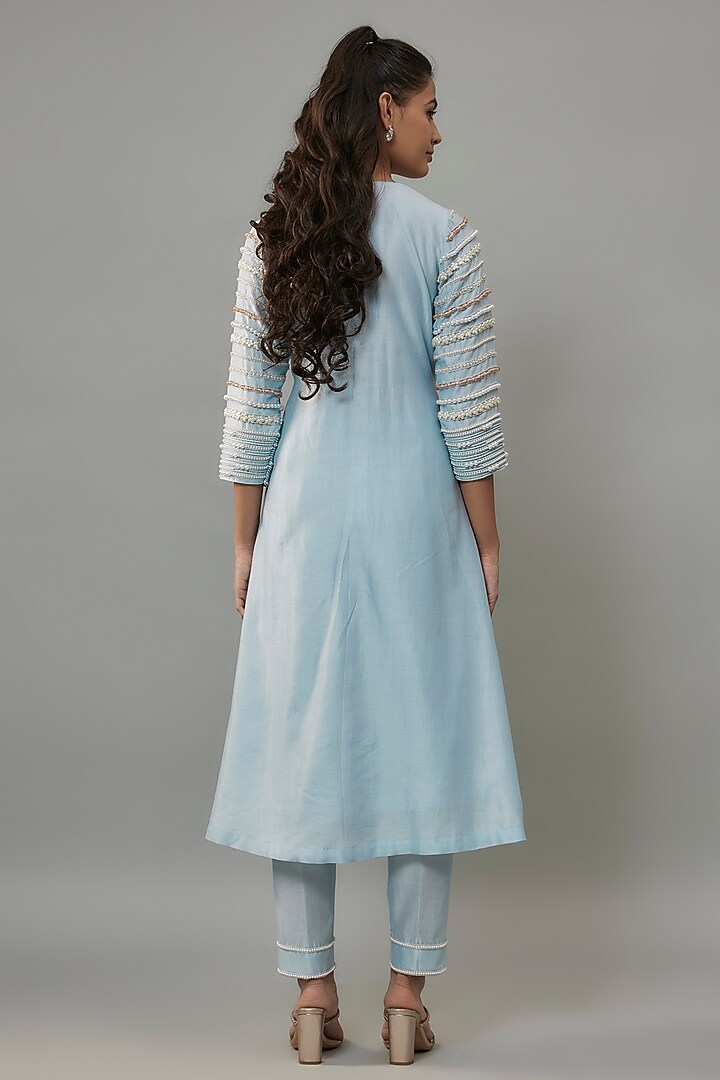 Powder Blue Handwoven Chanderi Pearl Embroidered Angrakha Kurta Set by The Aarya at Pernia's Pop Up Shop