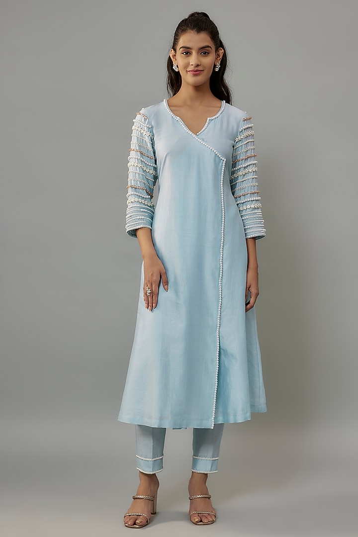 Powder Blue Handwoven Chanderi Pearl Embroidered Angrakha Kurta Set by The Aarya at Pernia's Pop Up Shop
