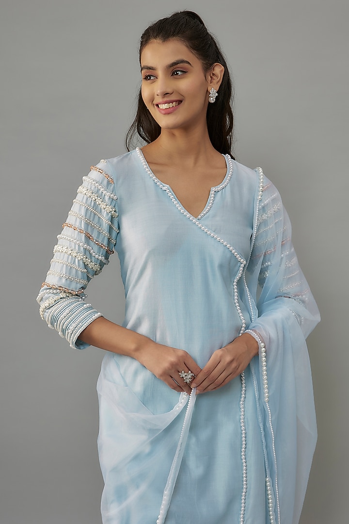 Powder Blue Handwoven Chanderi Pearl Embroidered Angrakha Kurta Set by The Aarya at Pernia's Pop Up Shop