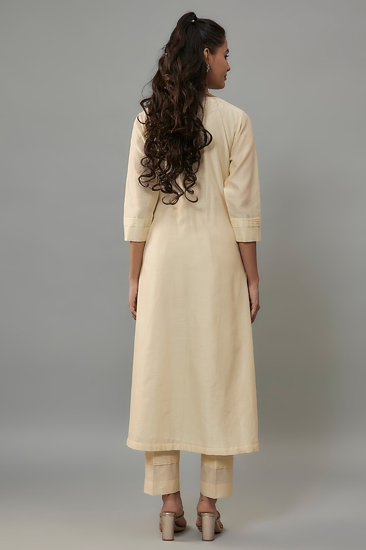 Ivory Handwoven Chanderi Pearl Embroidered Kurta Set by The Aarya at Pernia's Pop Up Shop