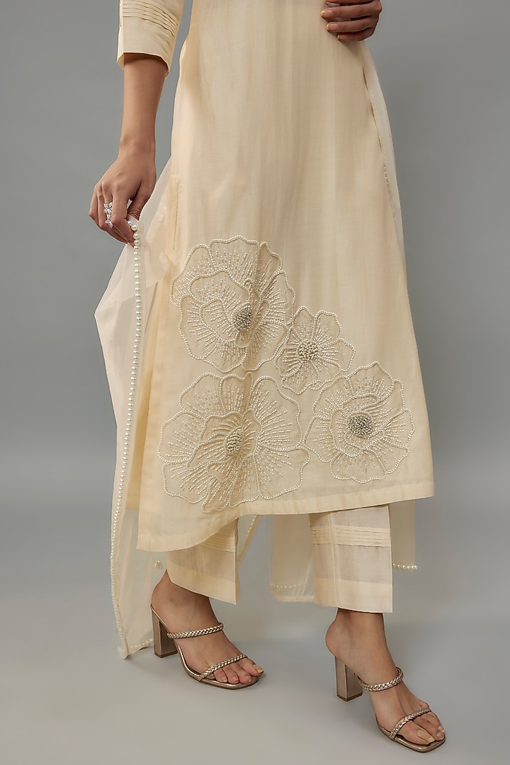Ivory Handwoven Chanderi Pearl Embroidered Kurta Set by The Aarya at Pernia's Pop Up Shop