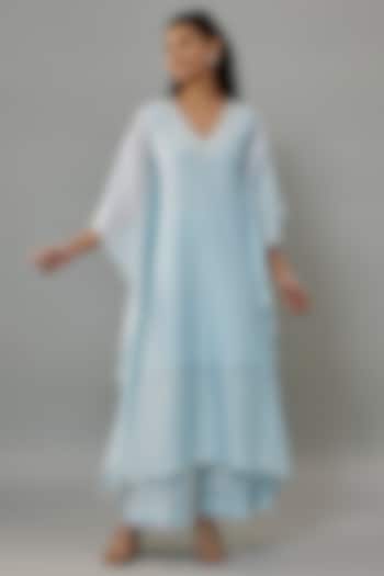 Powder Blue Handwoven Chanderi Pearl Embroidered Kaftan Set by The Aarya at Pernia's Pop Up Shop