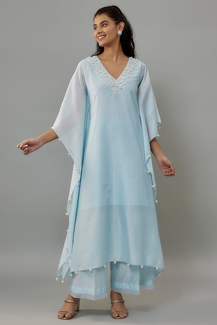 Powder Blue Handwoven Chanderi Pearl Embroidered Kaftan Set by The Aarya at Pernia's Pop Up Shop