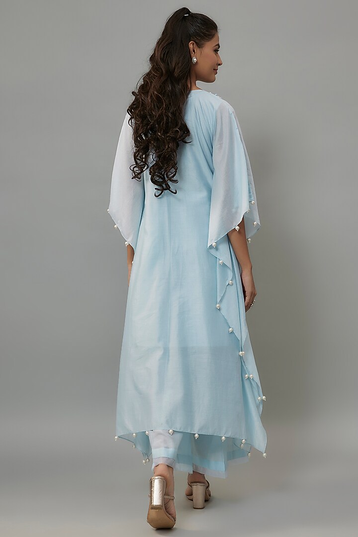 Powder Blue Handwoven Chanderi Pearl Embroidered Kaftan Set by The Aarya at Pernia's Pop Up Shop