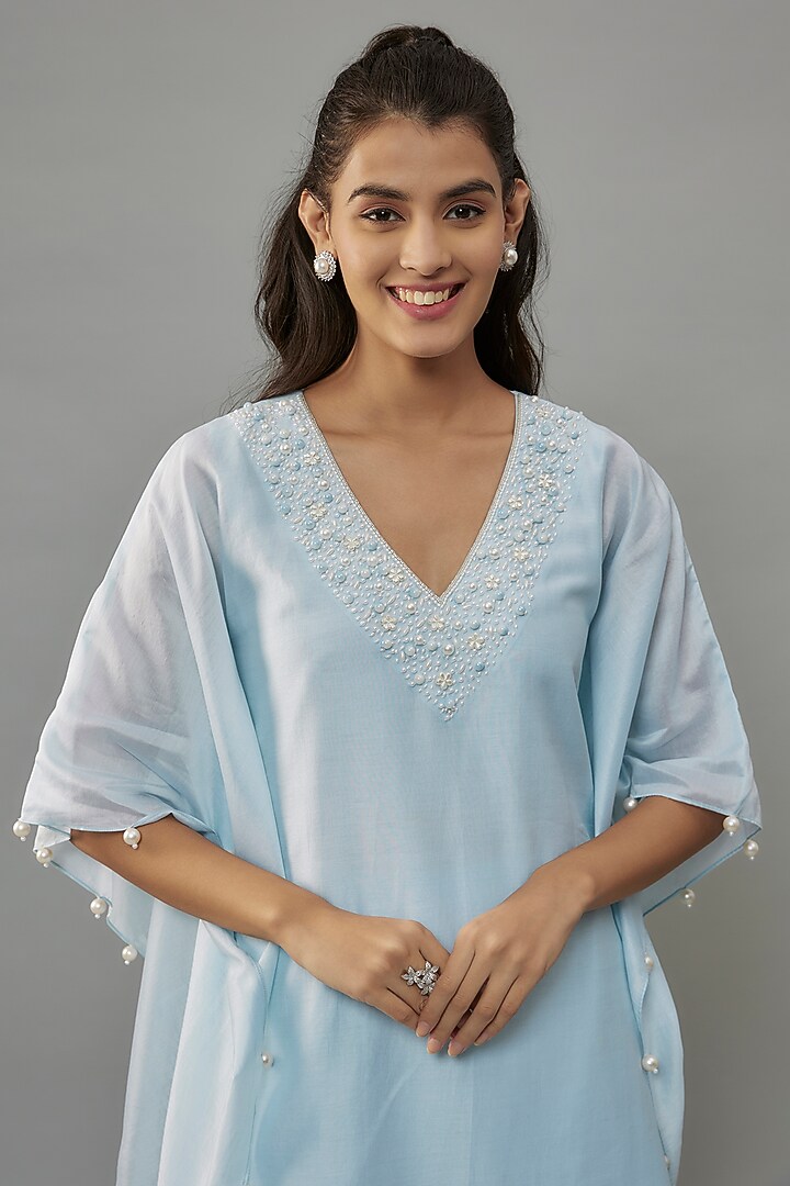 Powder Blue Handwoven Chanderi Pearl Embroidered Kaftan Set by The Aarya at Pernia's Pop Up Shop