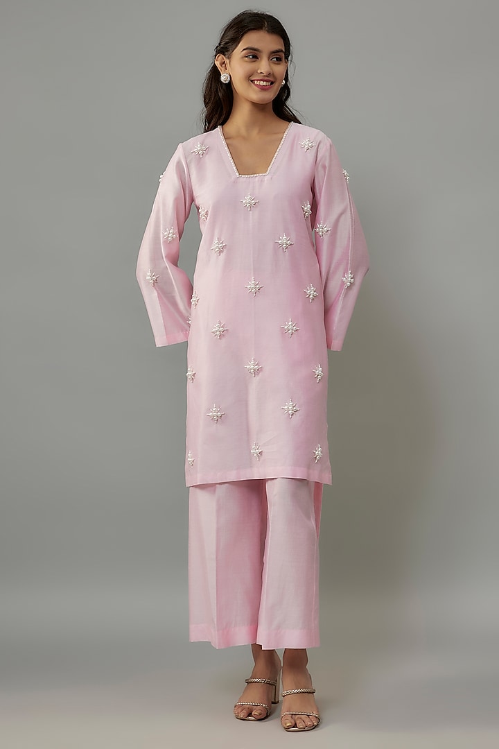 Powder Pink Handwoven Chanderi Pearl Embroidered High-Low Kurta Set by The Aarya